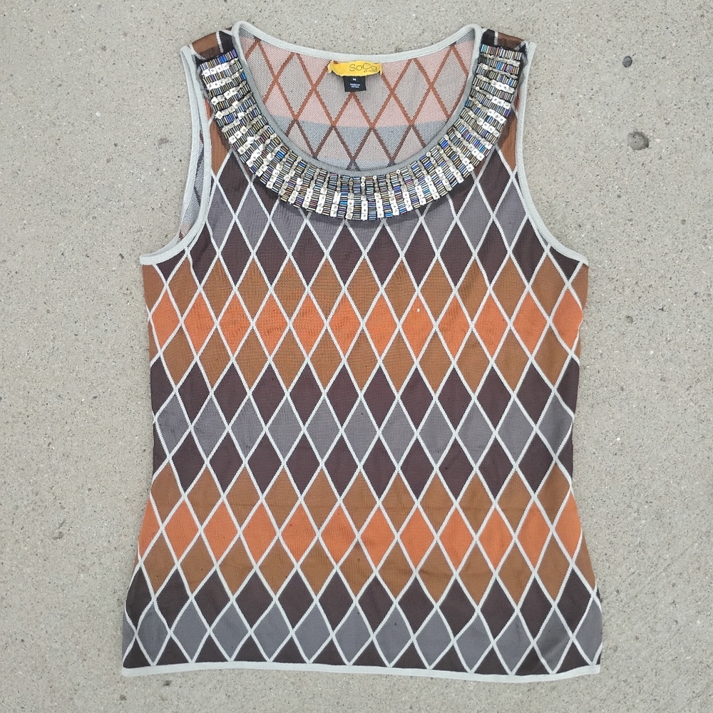 BCBG Geometric Brown and Orange Tank Top